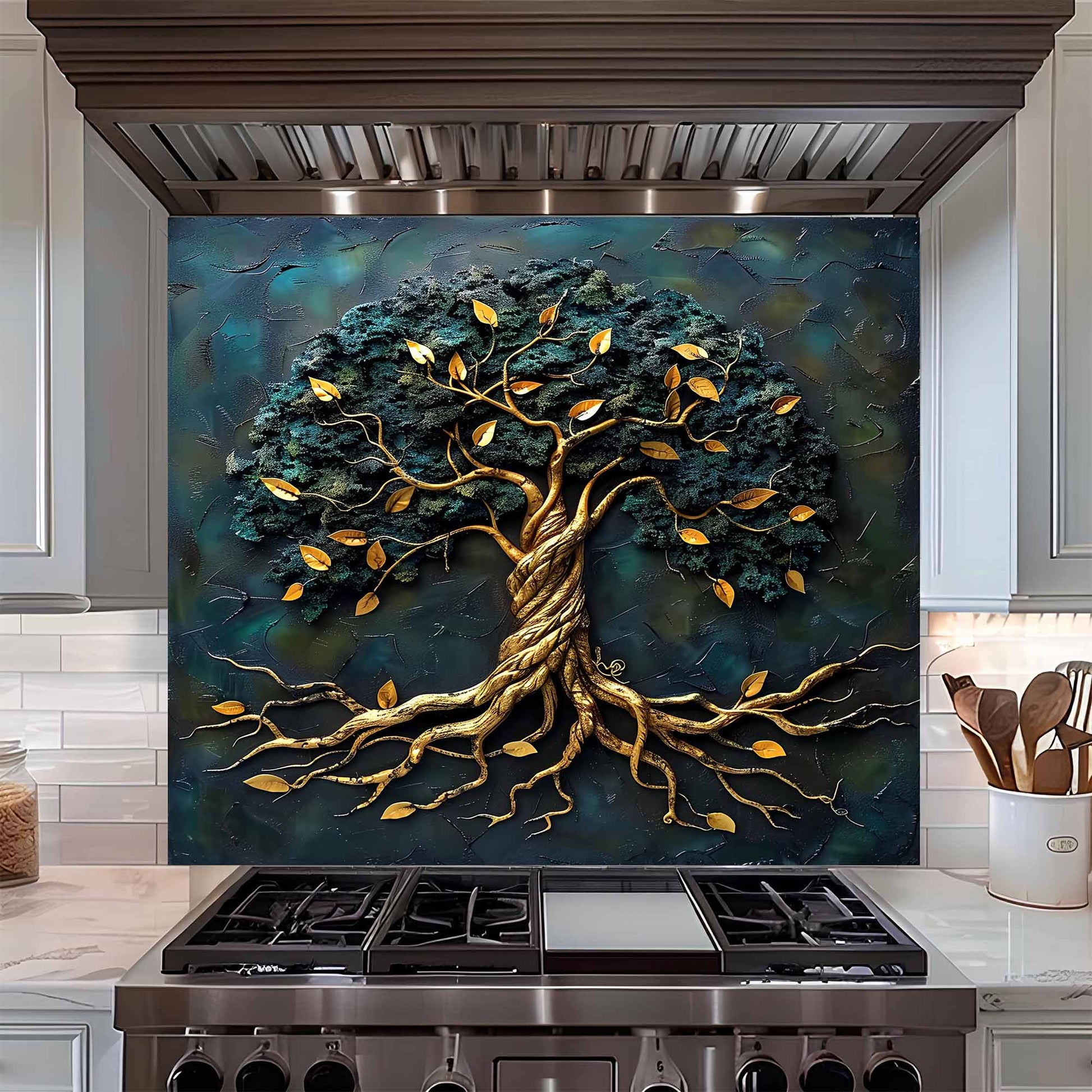 Tempered glass backsplash of a tree with gold roots on a kitchen stove.
