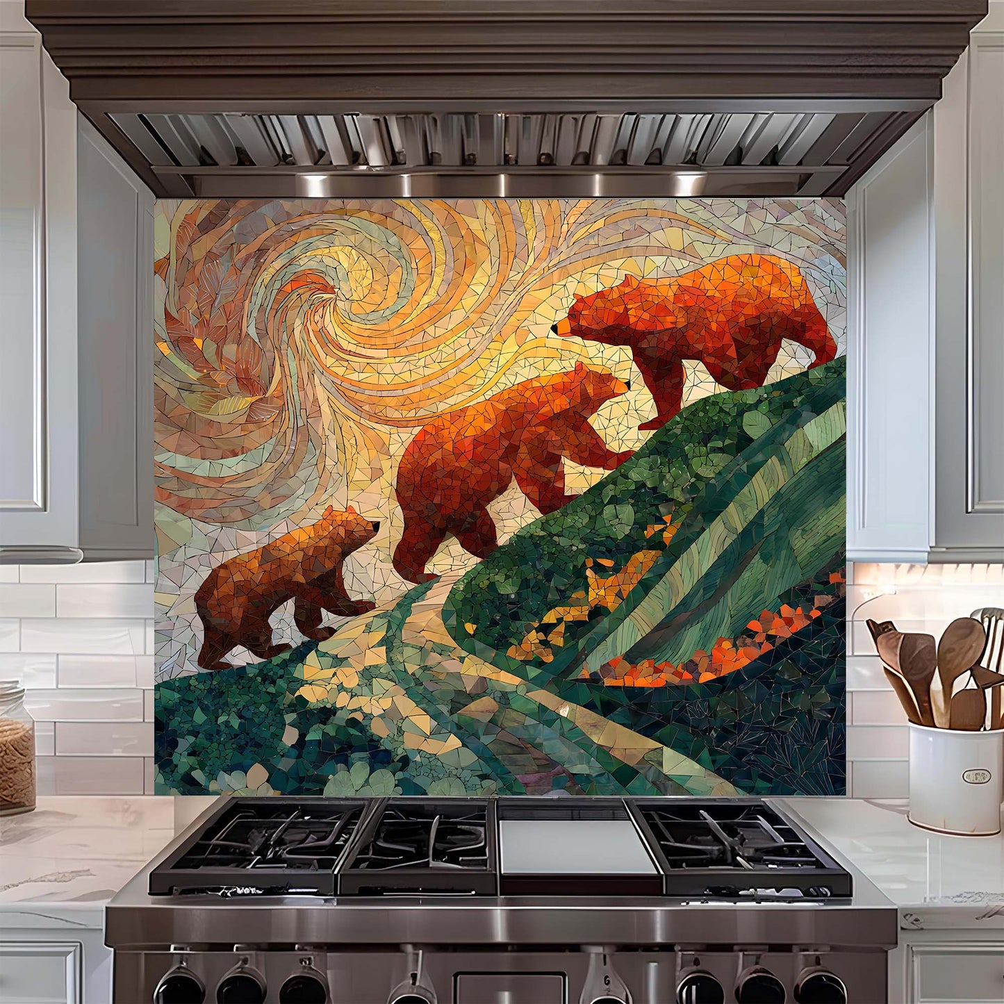 Kitchen with a decorative backsplash featuring two bears and a swirling design.