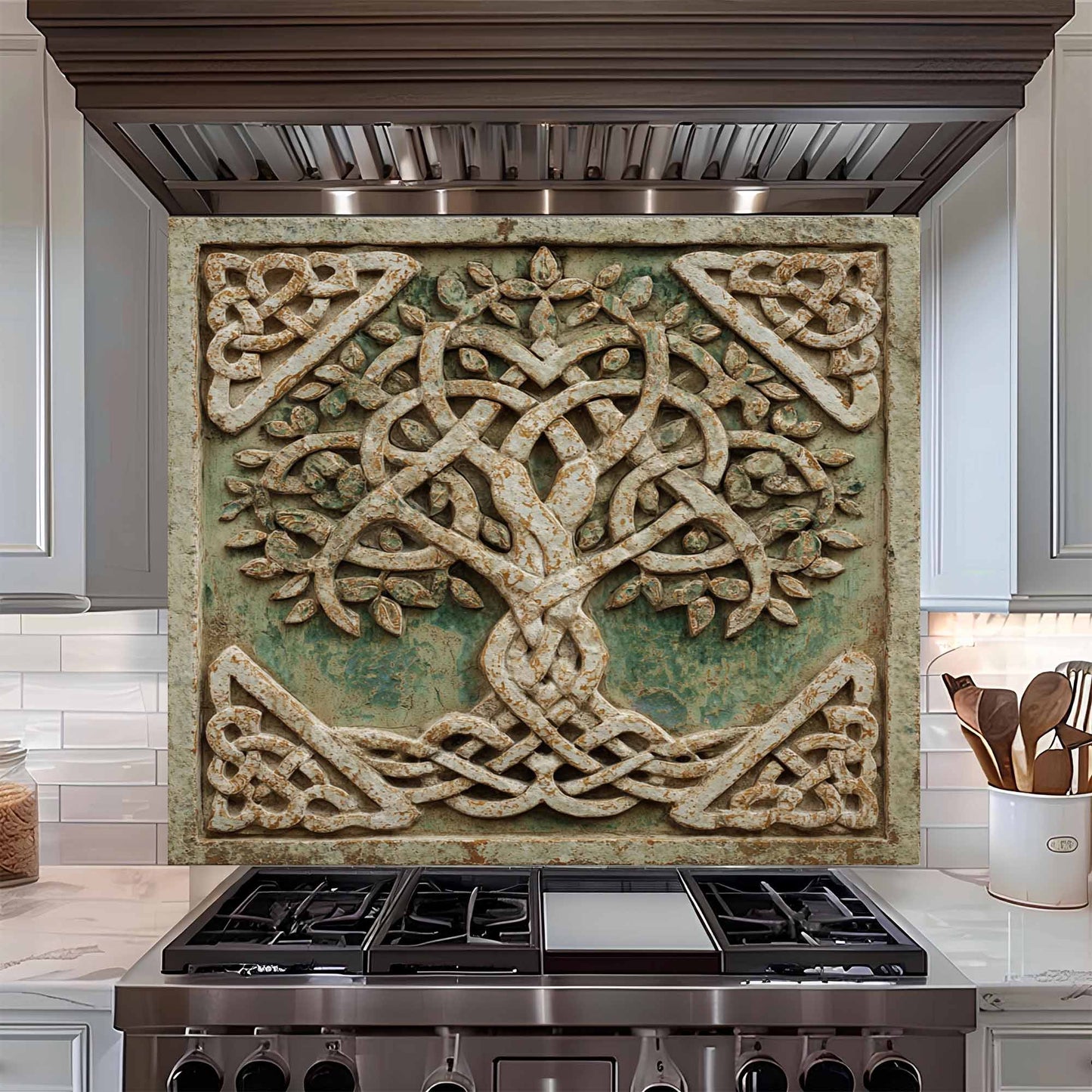 Decorative backsplash with a tree design above a stove in a kitchen.