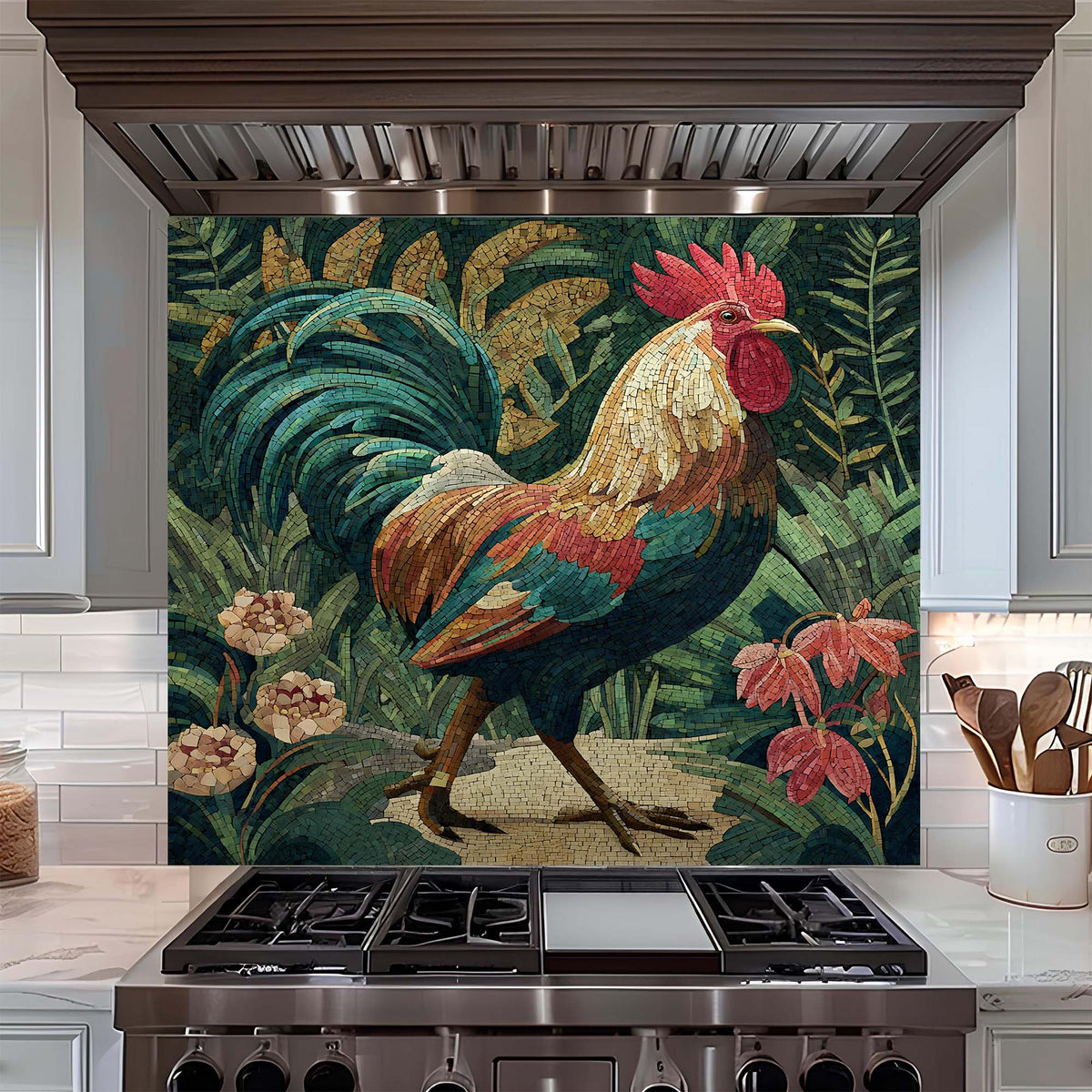 Decorative rooster glass backsplash above a stove in a kitchen.