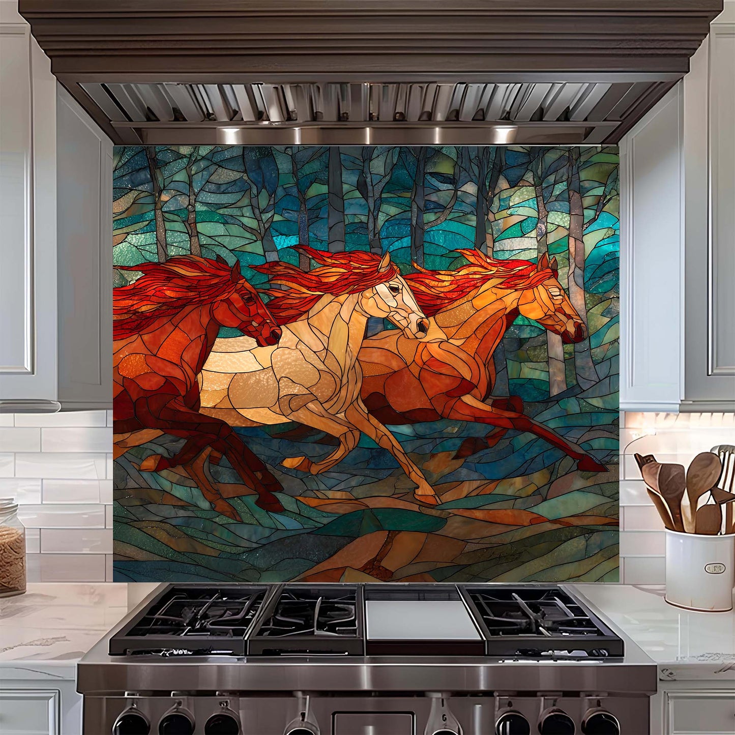 Three galloping horses in a stained glass forest design on tempered glass backsplash. A bold, artistic kitchen backsplash statement.
