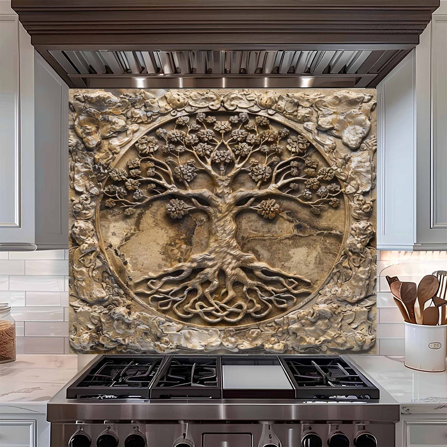 Decorative backsplash of a tree with roots above a stove in a kitchen setting.