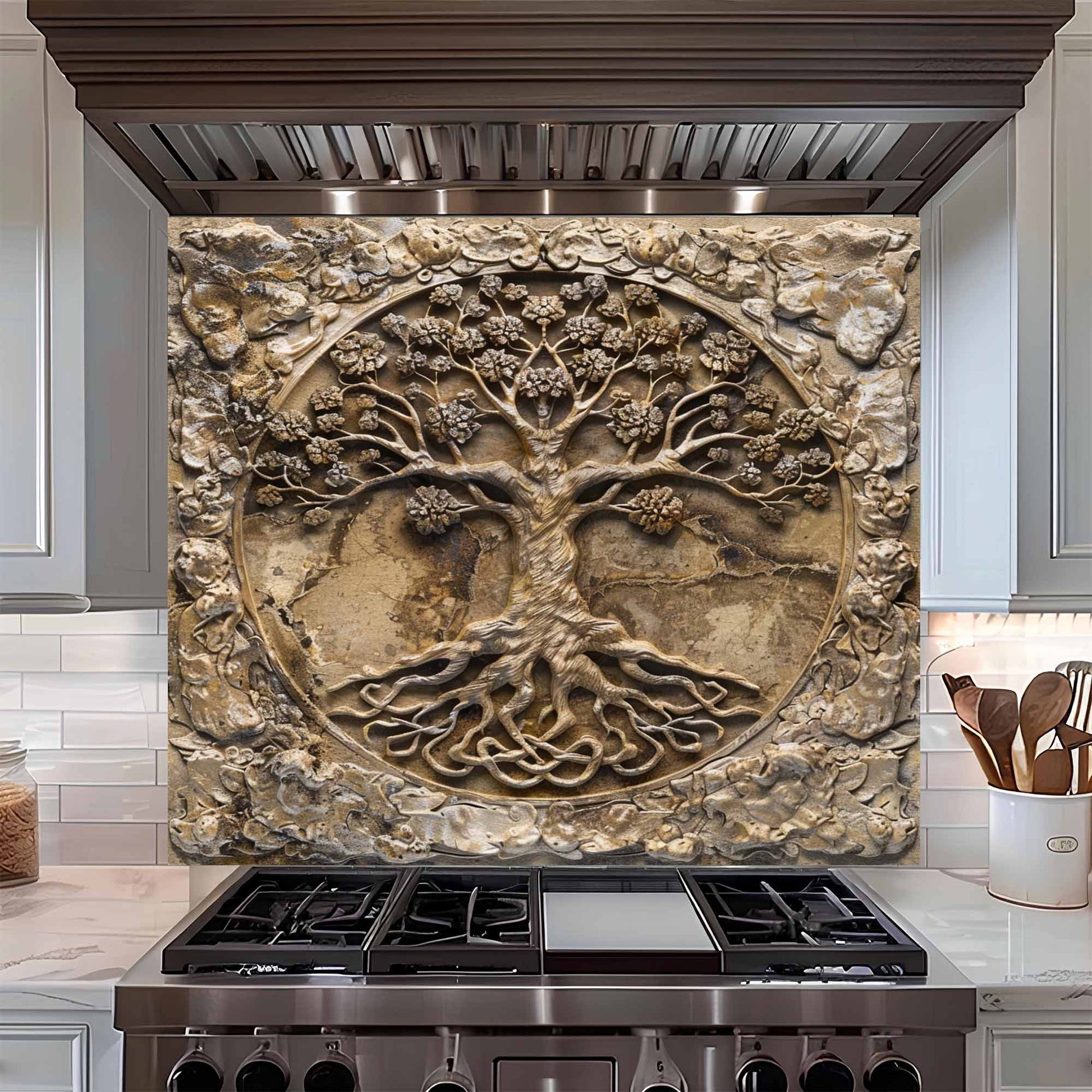 Decorative backsplash of a tree with roots above a stove in a kitchen setting.