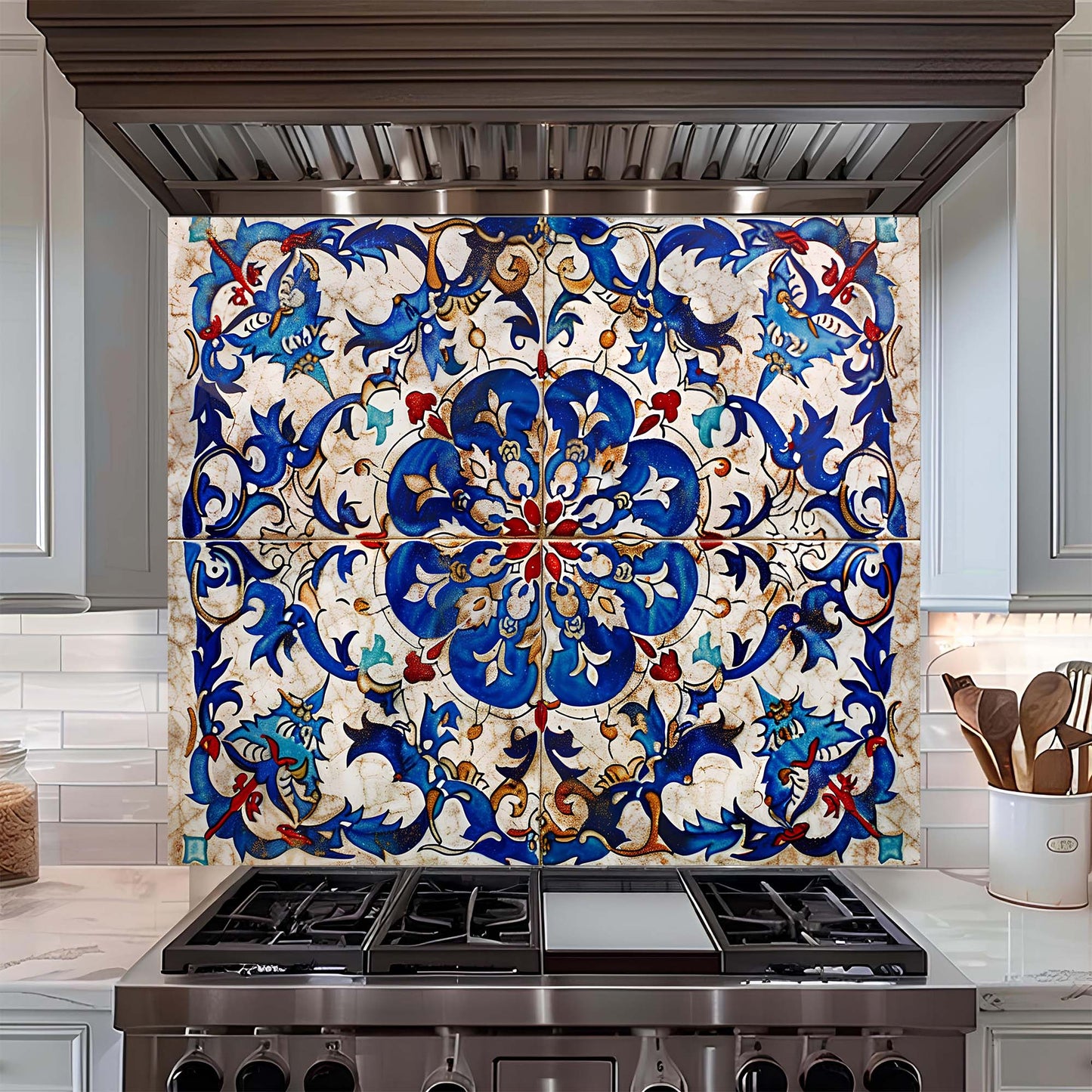Decorative tile backsplash with intricate blue and red pattern above a stove in a kitchen.