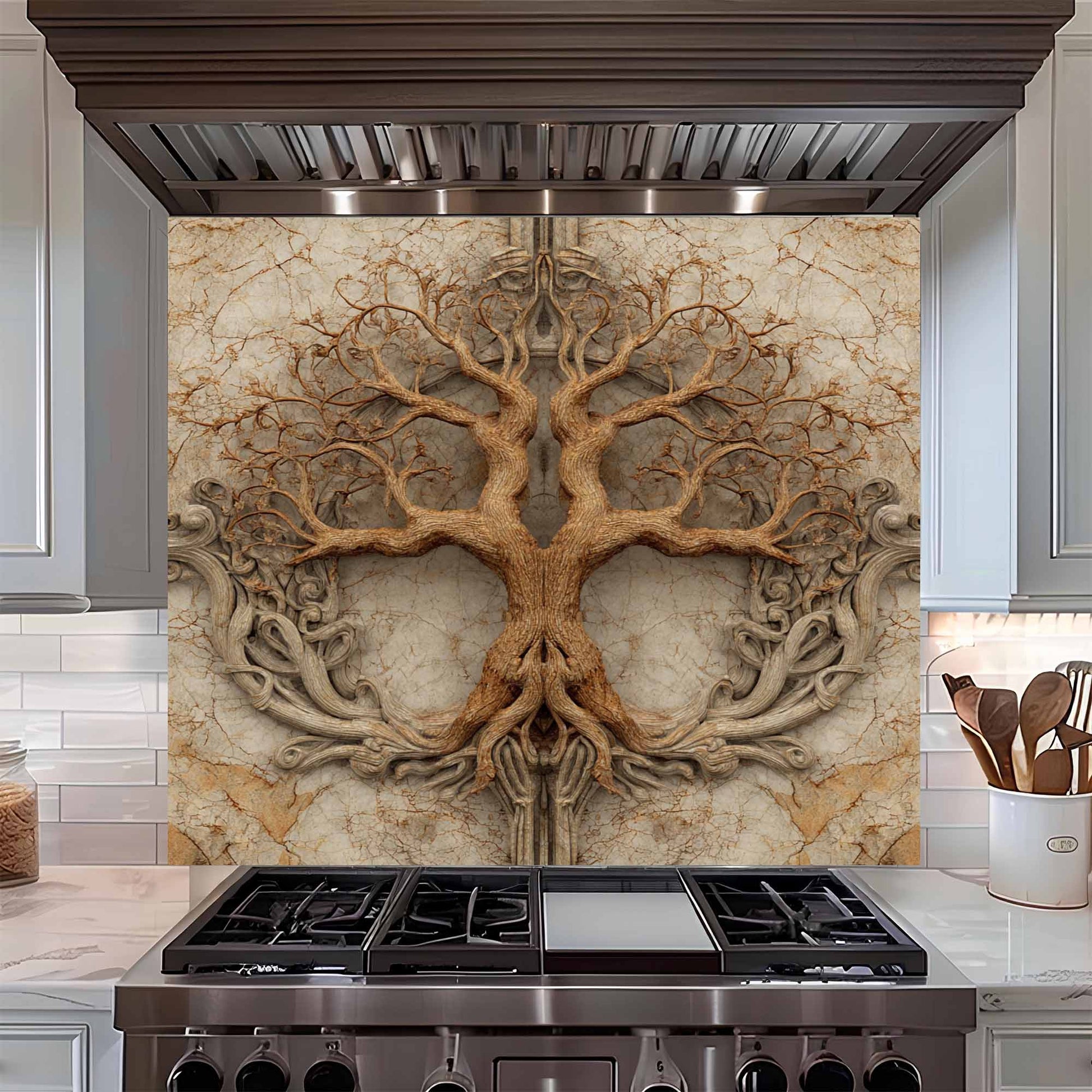 Decorative backsplash with a tree design above a kitchen stove.