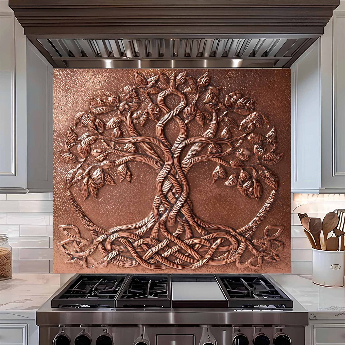 Decorative copper tree backsplash above a stove in a kitchen setting