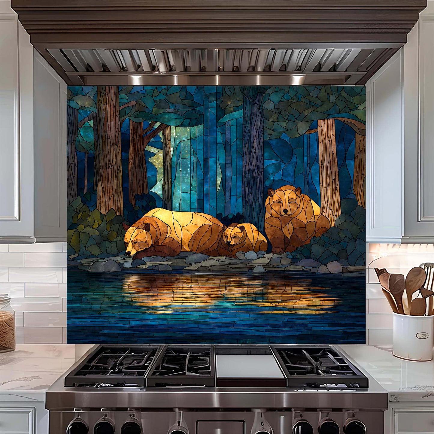 Stylized glass mosaic of bears by a stream on a kitchen backsplash.