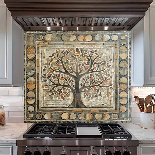 Kitchen stove with decorative mosaic backsplash featuring a tree.