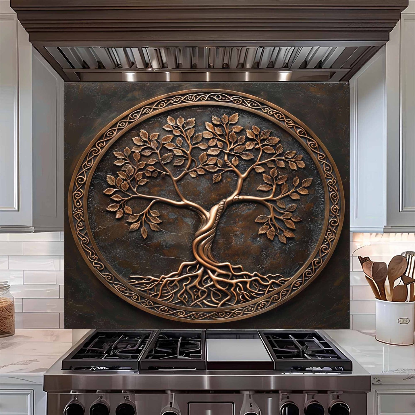Decorative backsplash with a tree design above a stove in a kitchen.