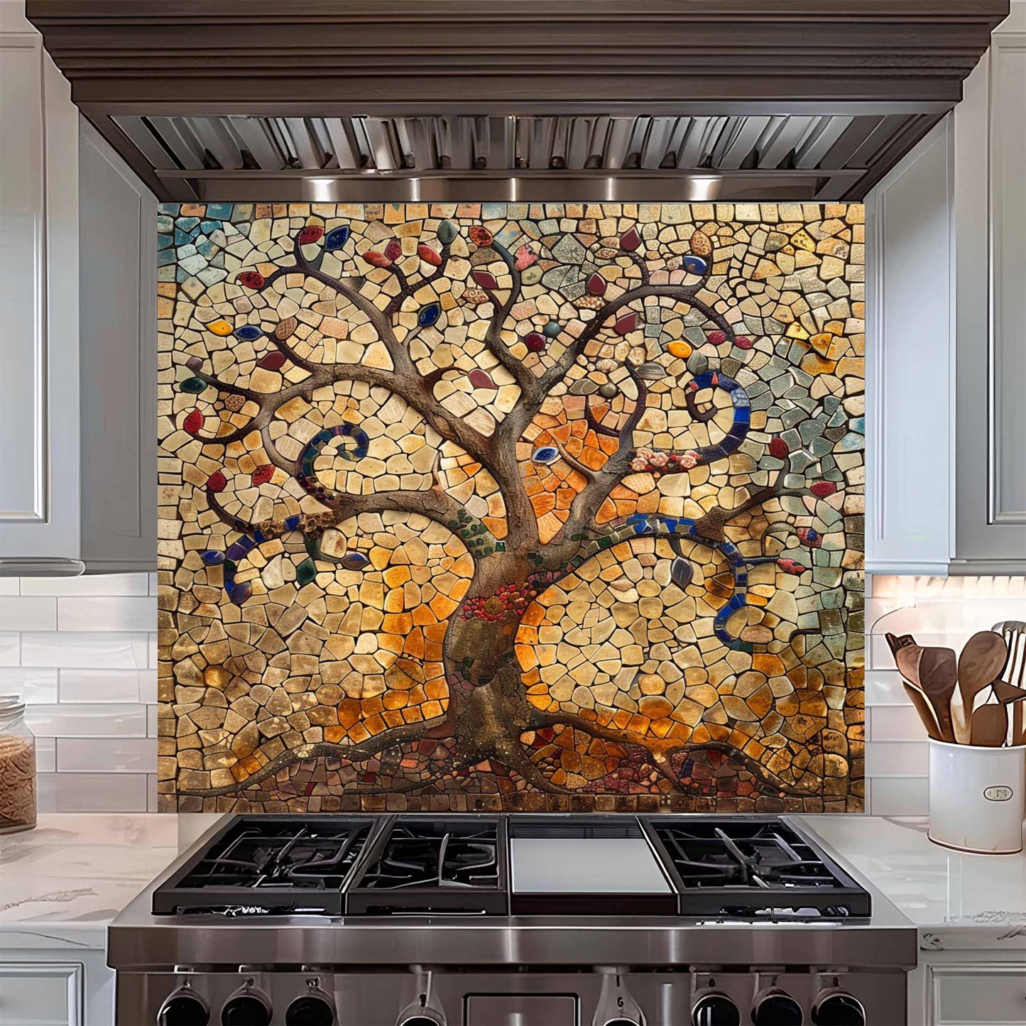 Kitchen with a decorative mosaic backsplash above a stove