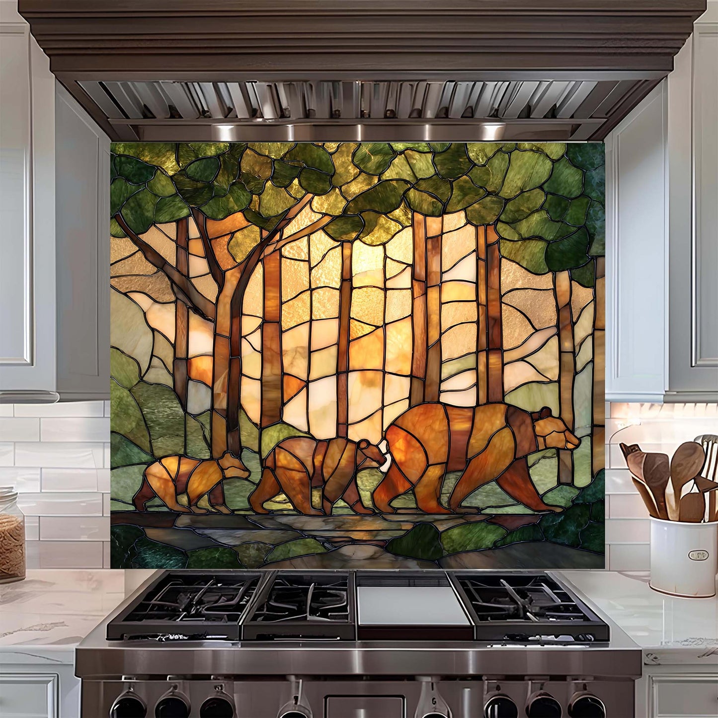 Stained glass backsplash with bears in a forest design above a stove in a kitchen.