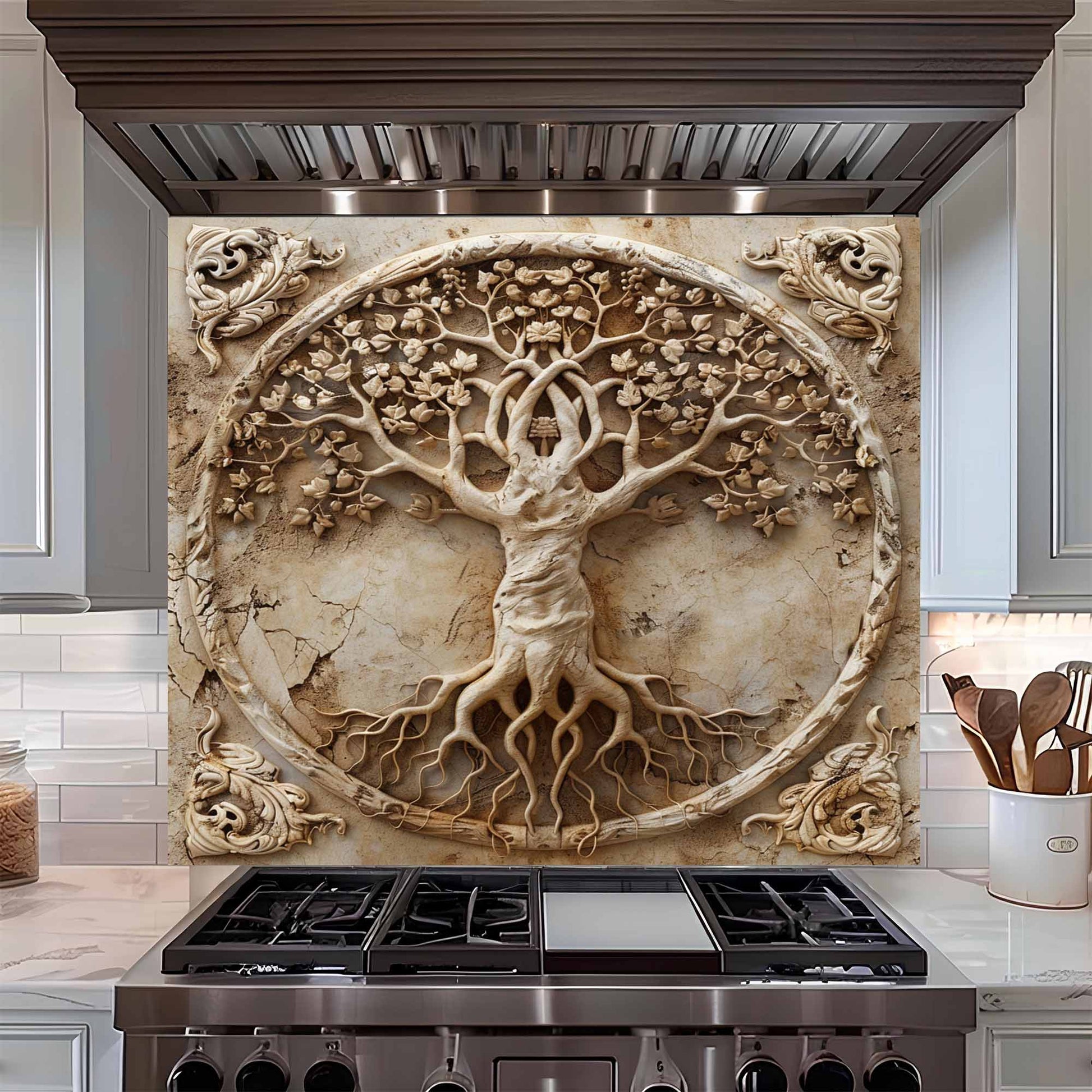 Decorative glass backsplash with tree design above a kitchen stove