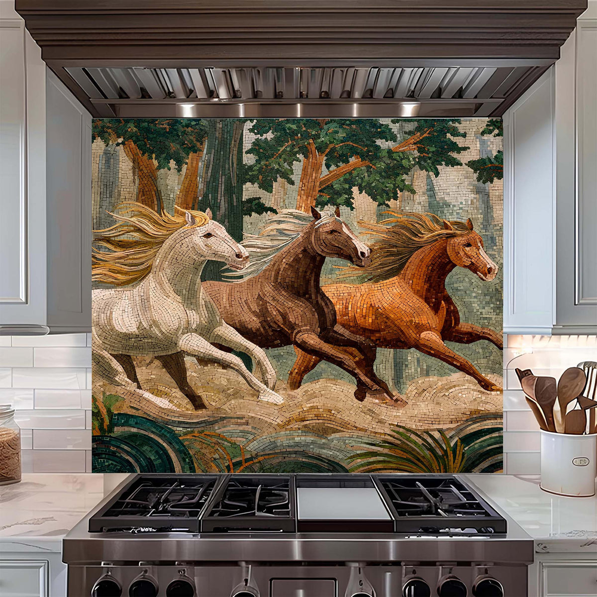 Mosaic-style wild horses running through a forest on tempered glass backsplash, adding movement, warmth, and natural beauty to kitchens.