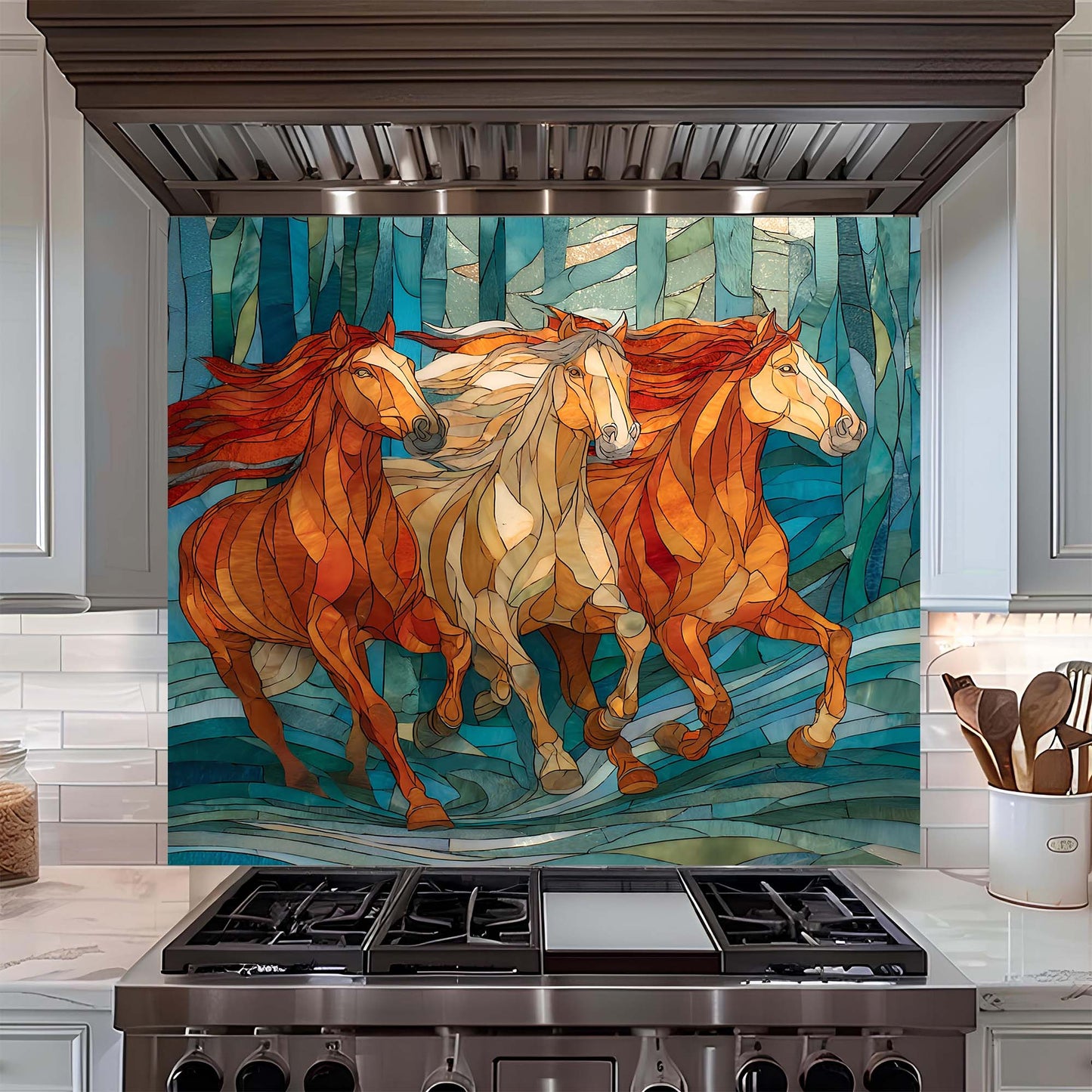 Three galloping horses in a stained glass forest design on tempered glass backsplash, adding motion, warmth, and artistic depth to kitchens.