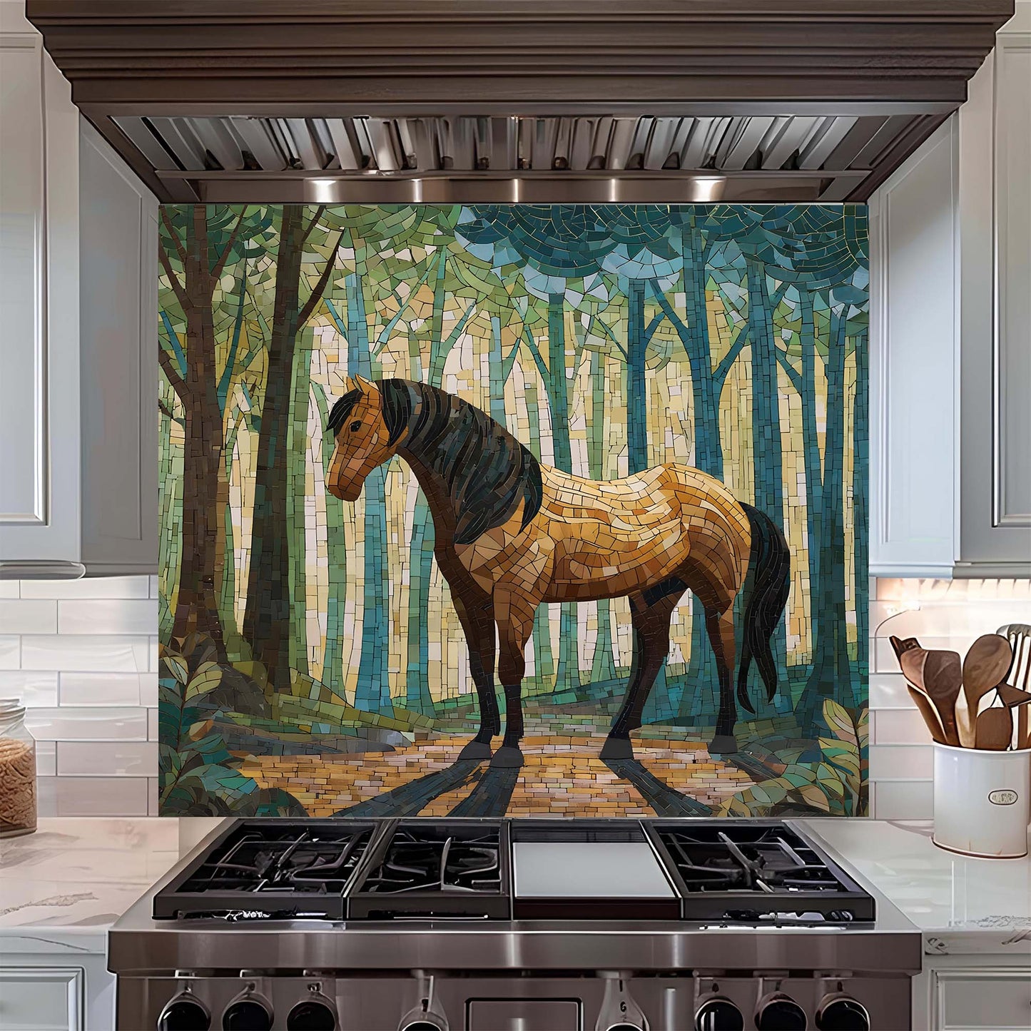 Kitchen with a decorative glass splashback featuring a horse in a forest design.