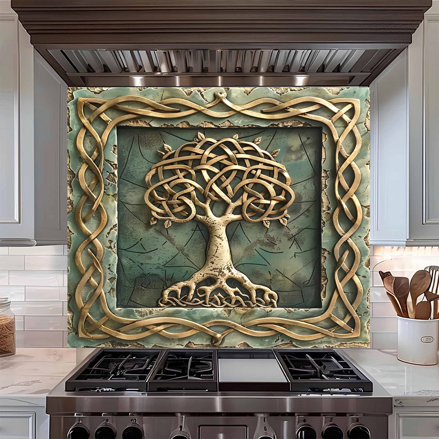 Decorative glass backsplash above a stove with a tree design in a kitchen setting.