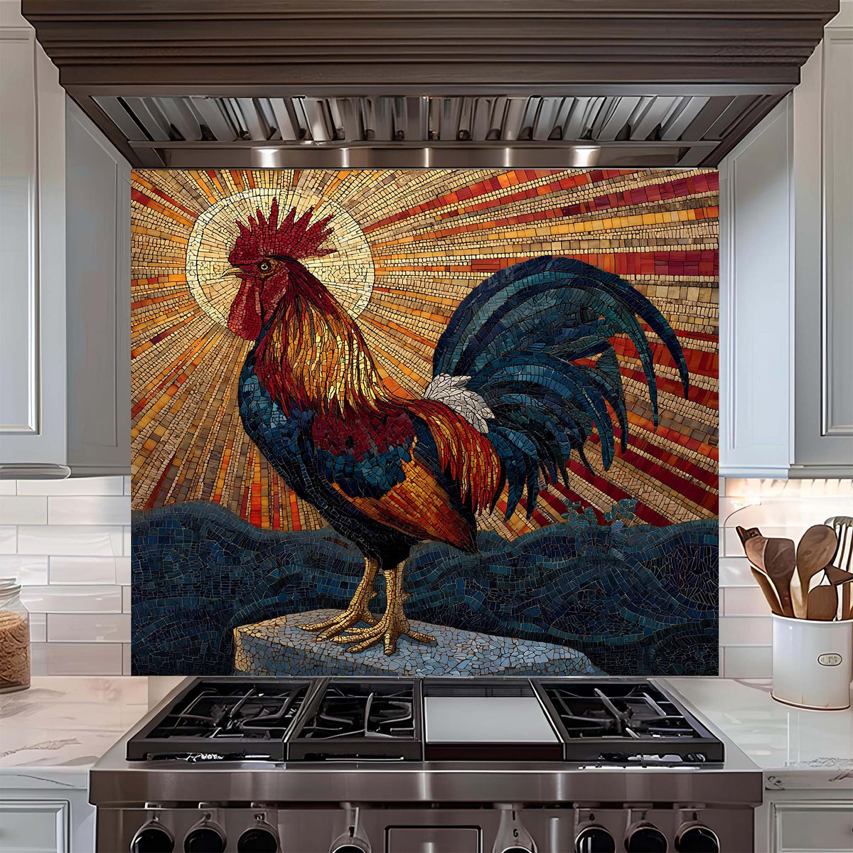 Radiant dawn rooster mosaic glass backsplash with golden sunburst and deep blues. A bold tempered glass kitchen backsplash design.