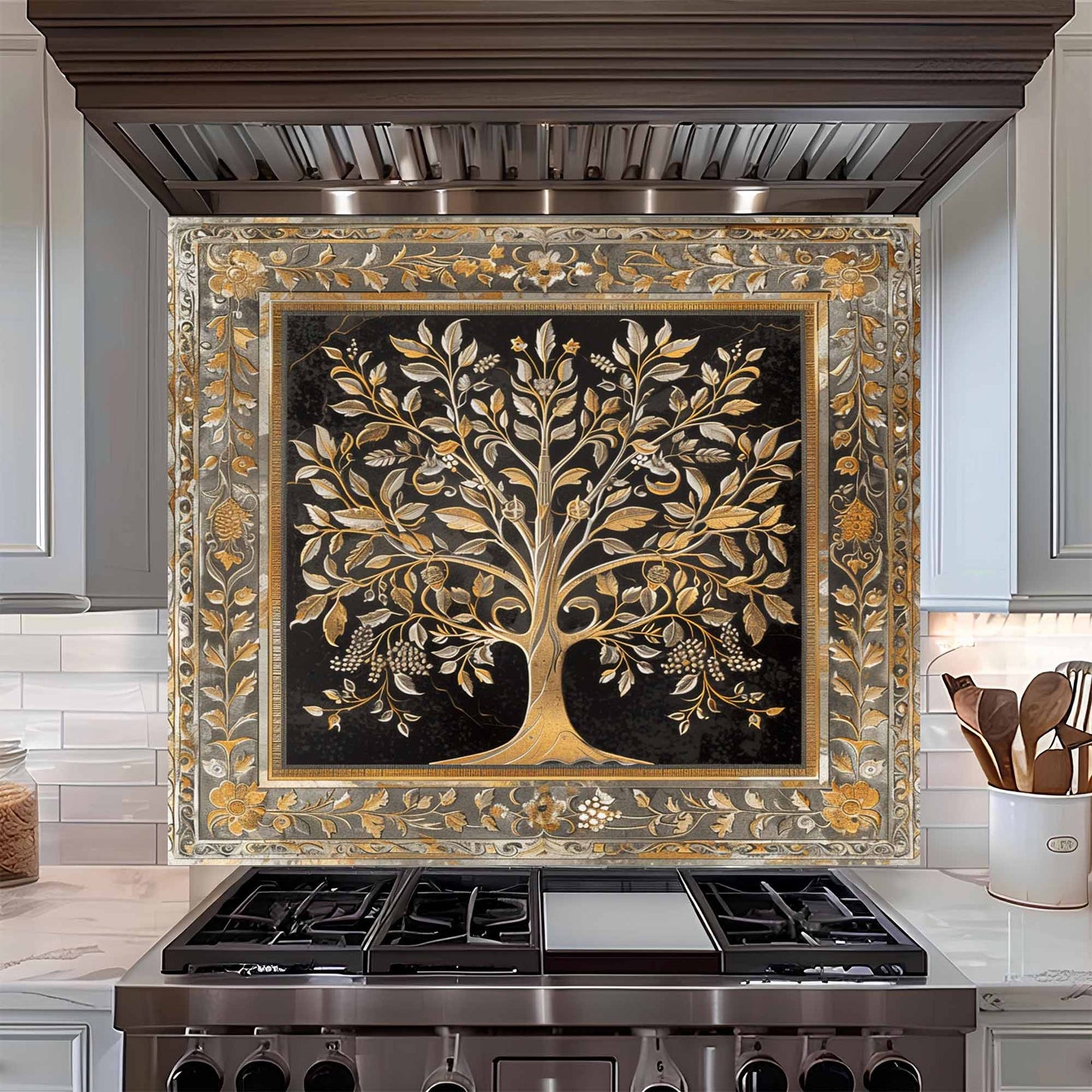 Tempered glass backsplash with a tree design above a stove in a kitchen.