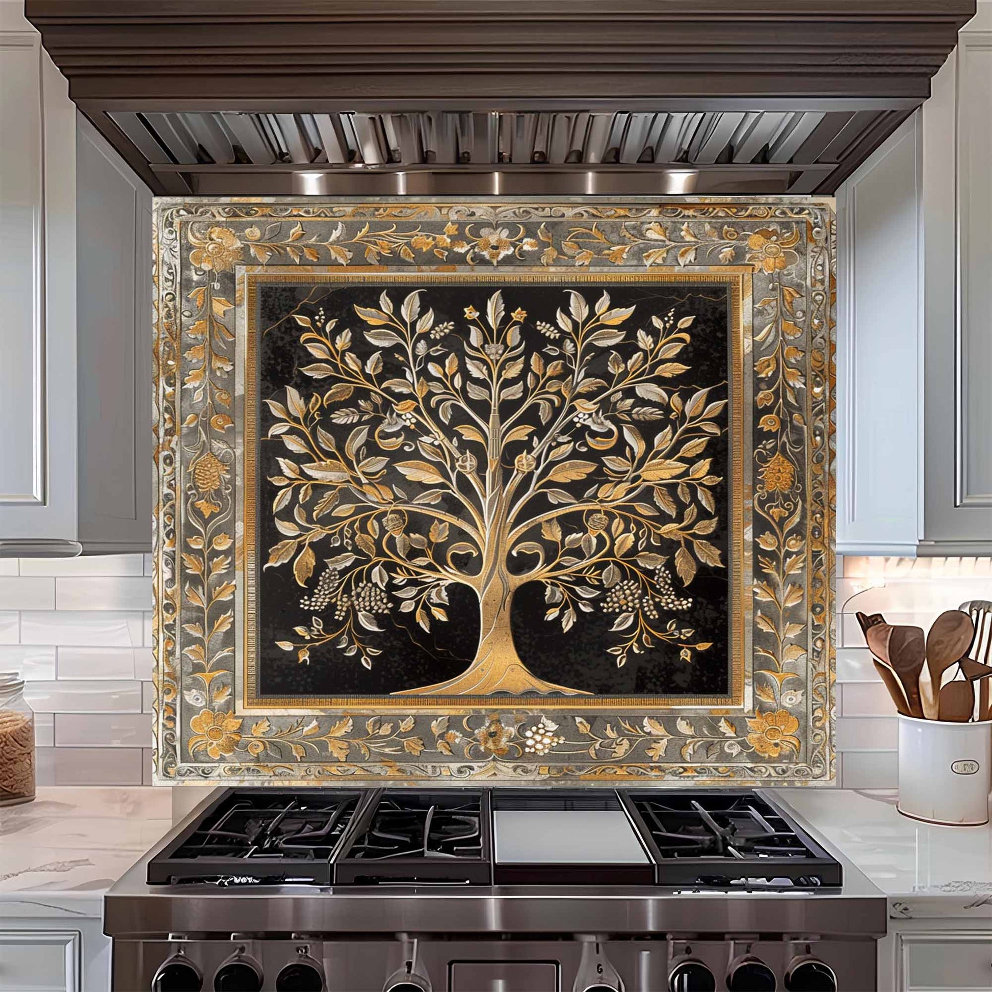 Tempered glass backsplash with a tree design above a stove in a kitchen.