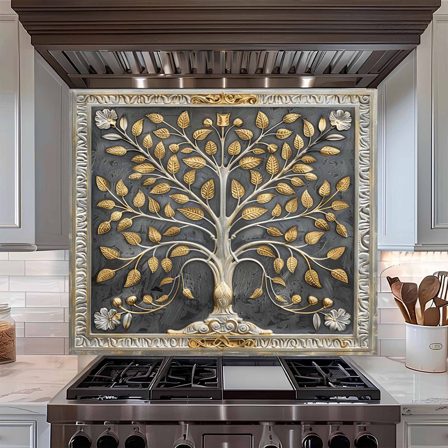 Decorative backsplash with a tree design above a stove in a kitchen.