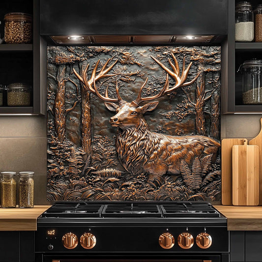Decorative backsplash with a deer design in a kitchen setting