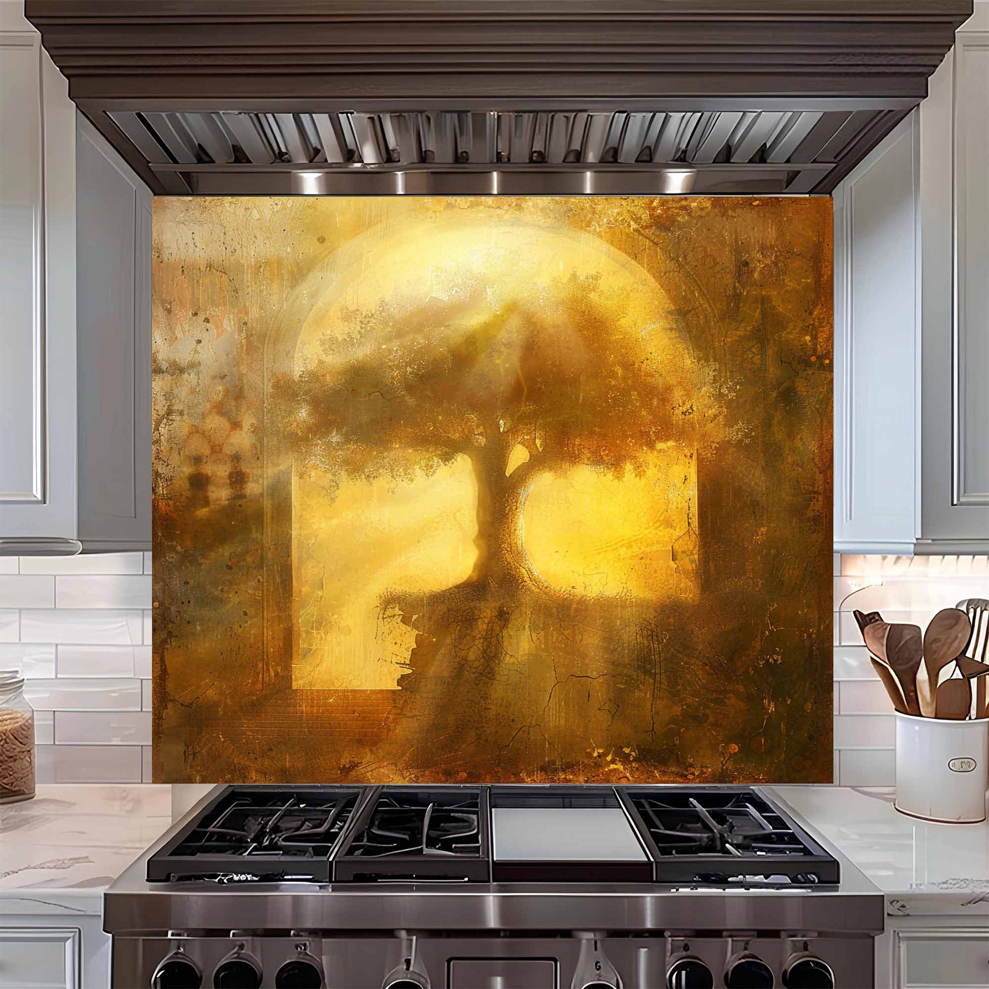 Stainless steel stove with artistic glass splashback featuring a tree design.