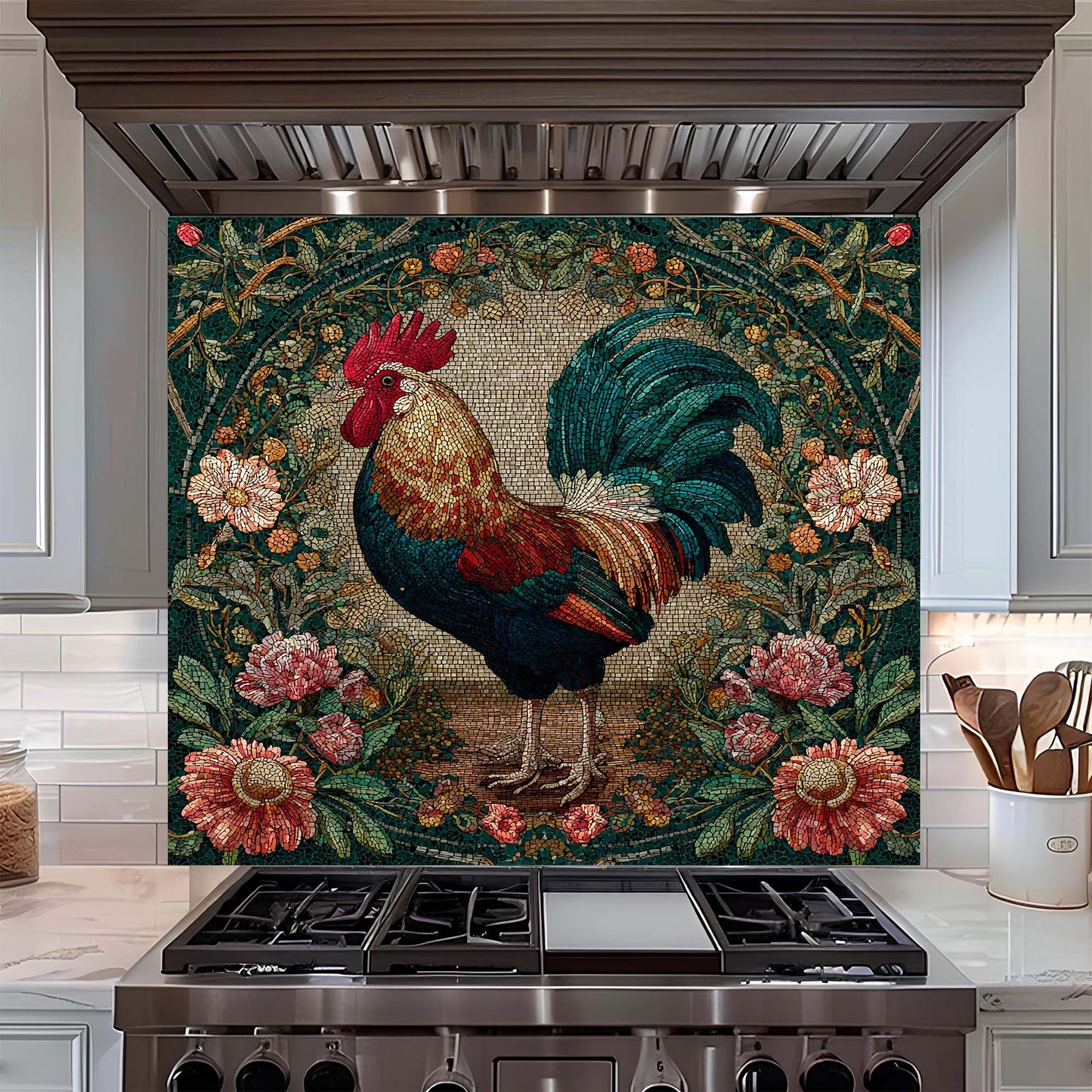 Decorative mosaic of a rooster on a kitchen backsplash with floral elements.