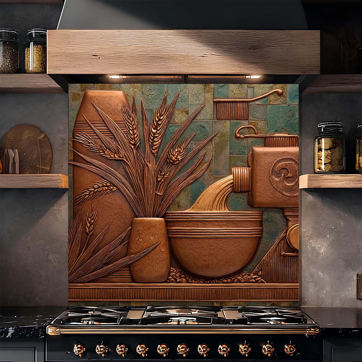 Decorative backsplash with artistic design featuring wheat and pots in a kitchen setting.