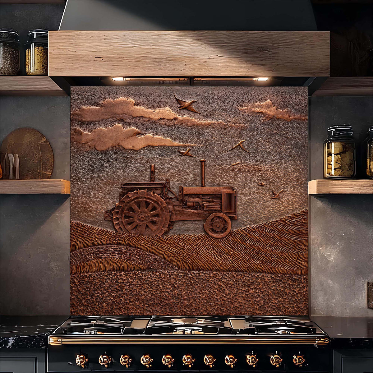 Decorative backsplash with a tractor design in a rustic kitchen setting.