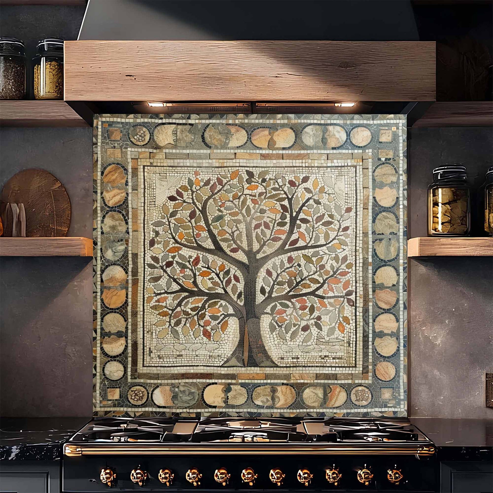 Decorative glass backsplash with a tree design above a stove in a kitchen.