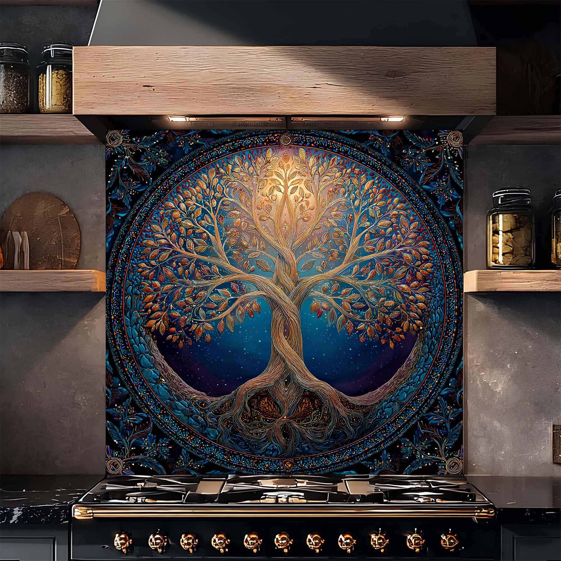 Decorative glass wall art with a tree design above a stove in a kitchen setting.
