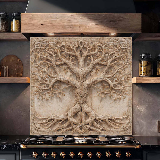 Decorative backsplash with tree design above a stove in a kitchen setting.
