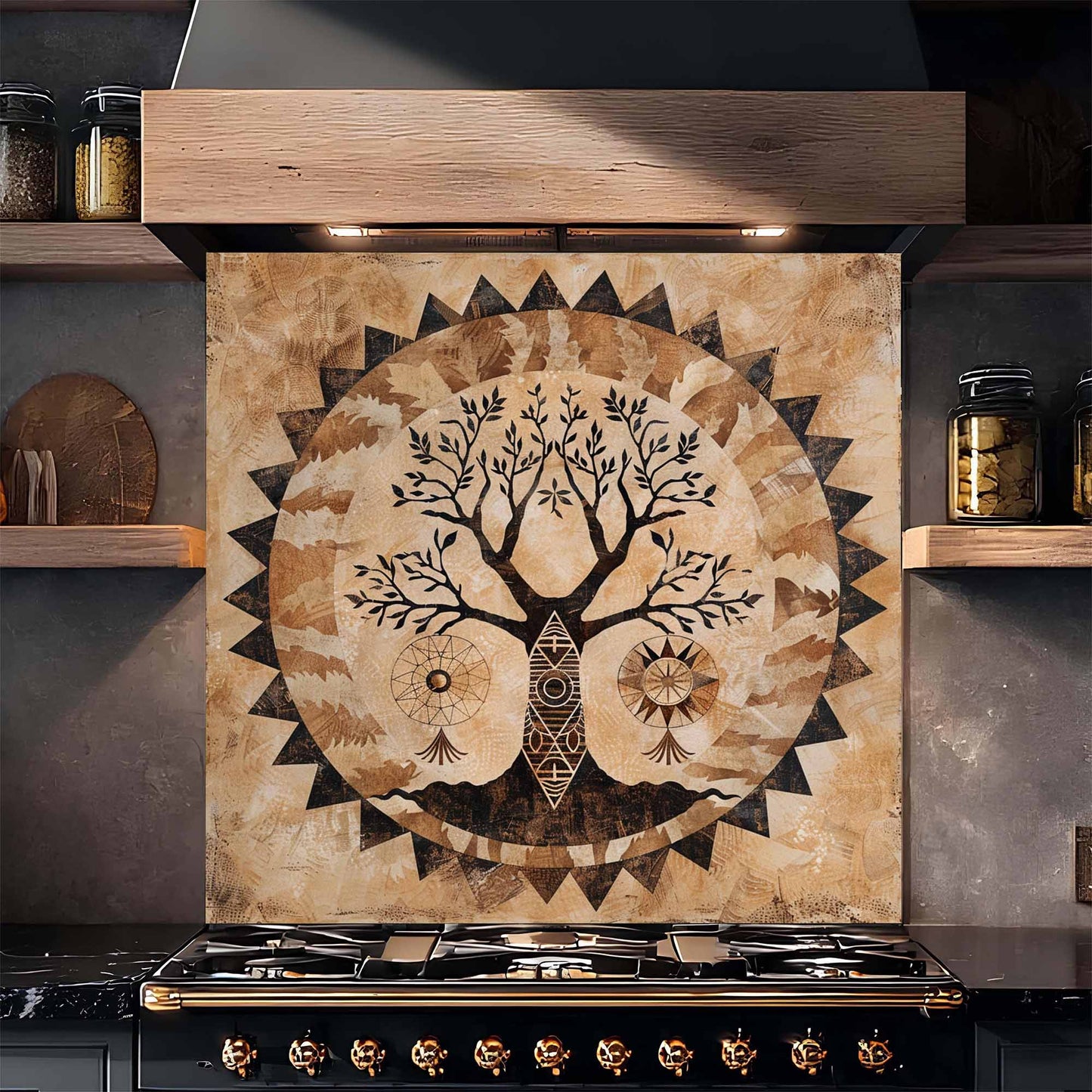 Decorative backsplash with tree design above a stove in a kitchen setting.