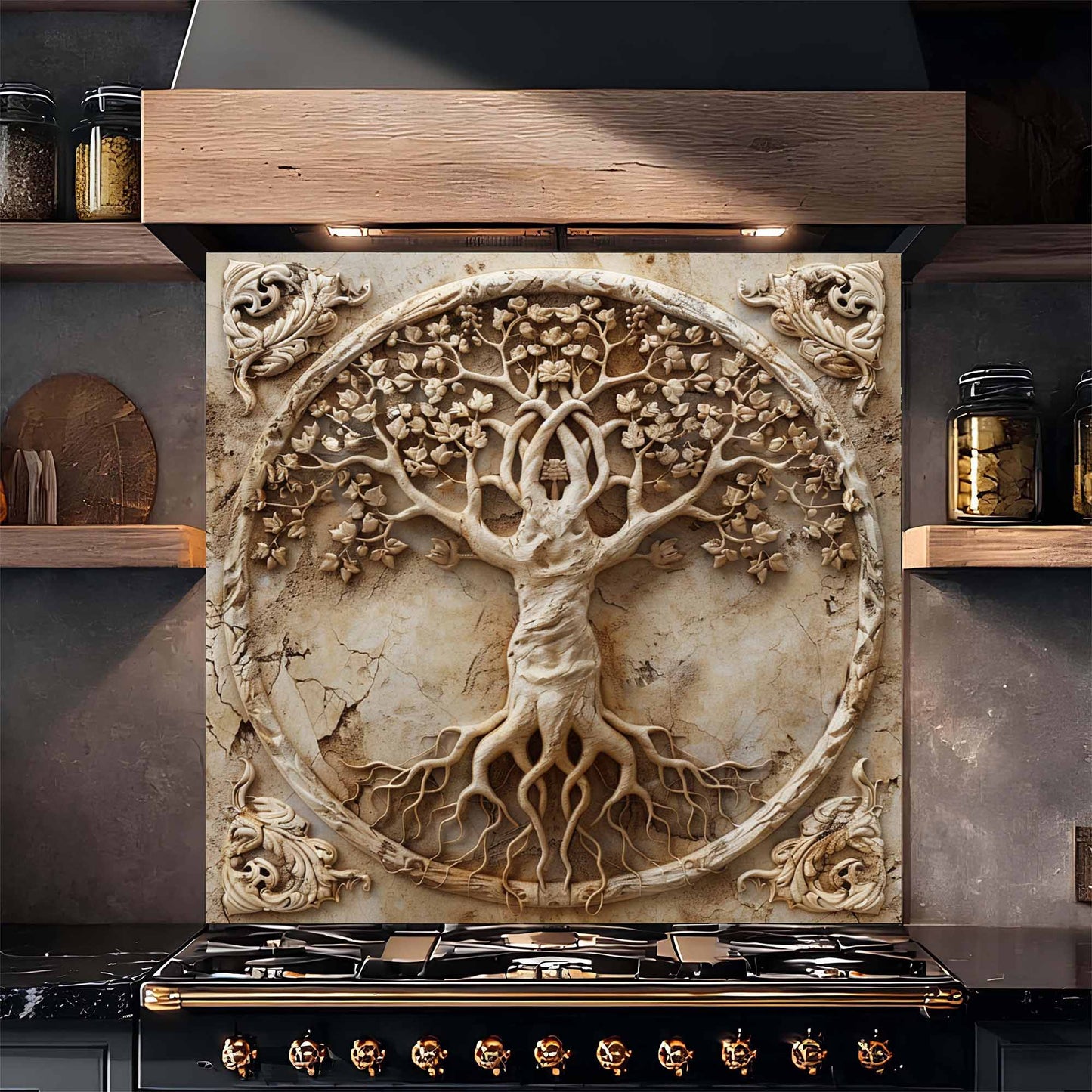 Decorative backsplash with a tree design above a stove in a kitchen setting.