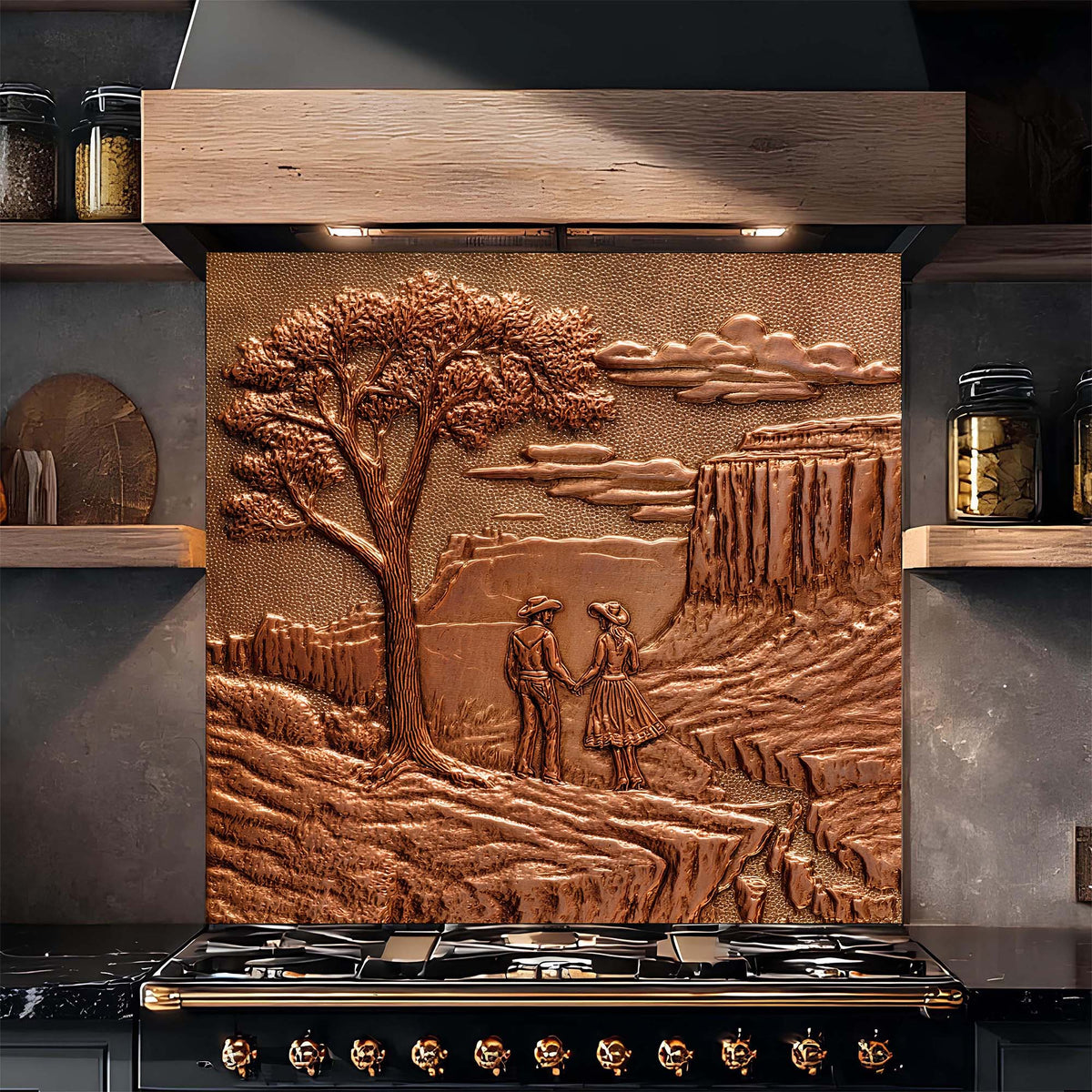 Decorative glass backsplash with embossed landscape and figures above a stove