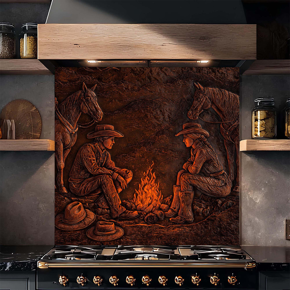 Decorative glass backsplash with cowboy design above a stove