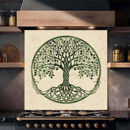 Decorative kitchen backsplash with a tree design on a kitchen wall above a stove.
