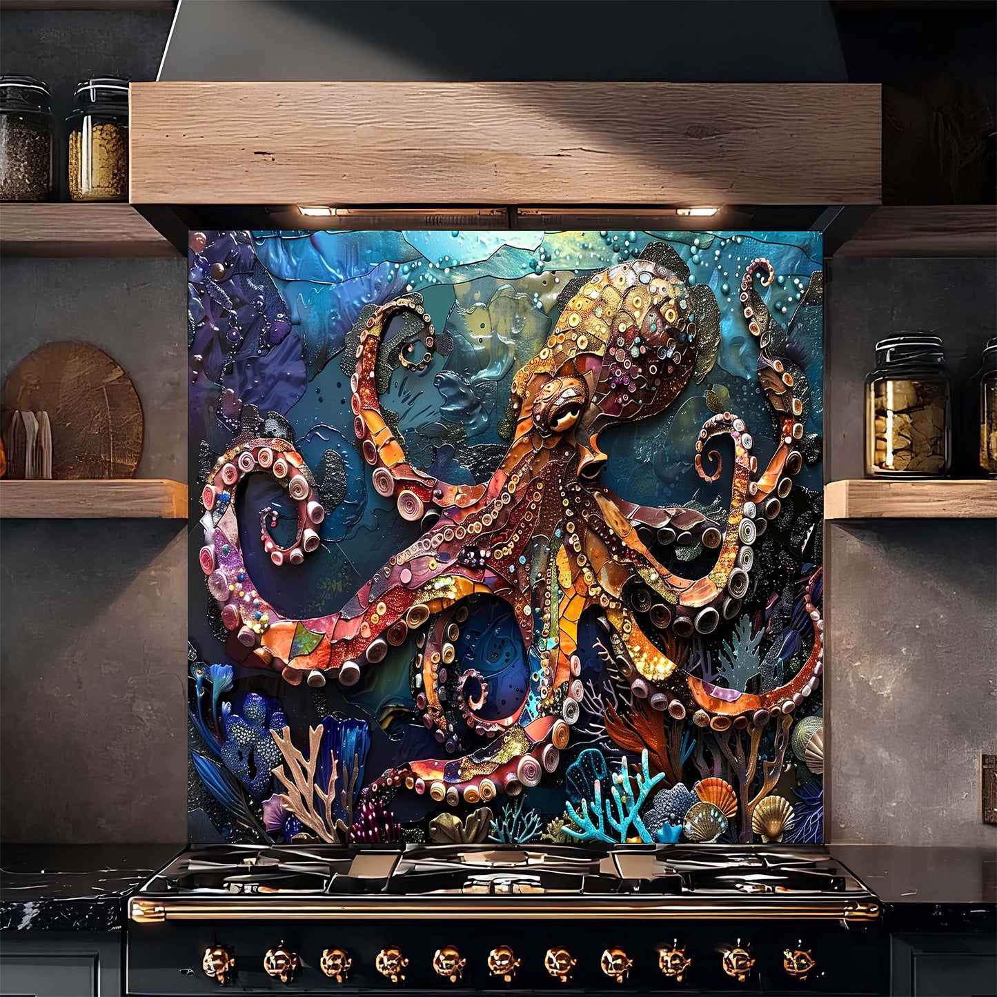 Decorative backsplash with a colorful octopus design above a stove.