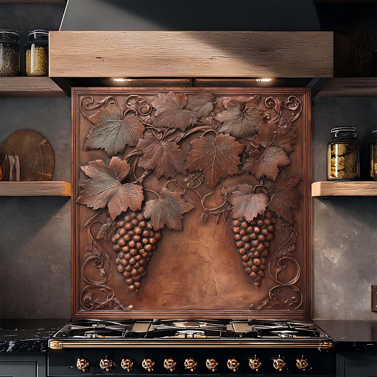 Decorative backsplash with grape design above a stove in a kitchen setting.