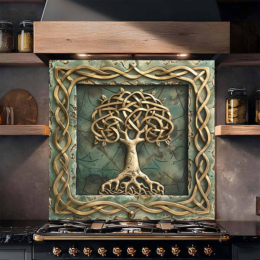 Decorative backsplash with a tree design above a stove in a kitchen setting.