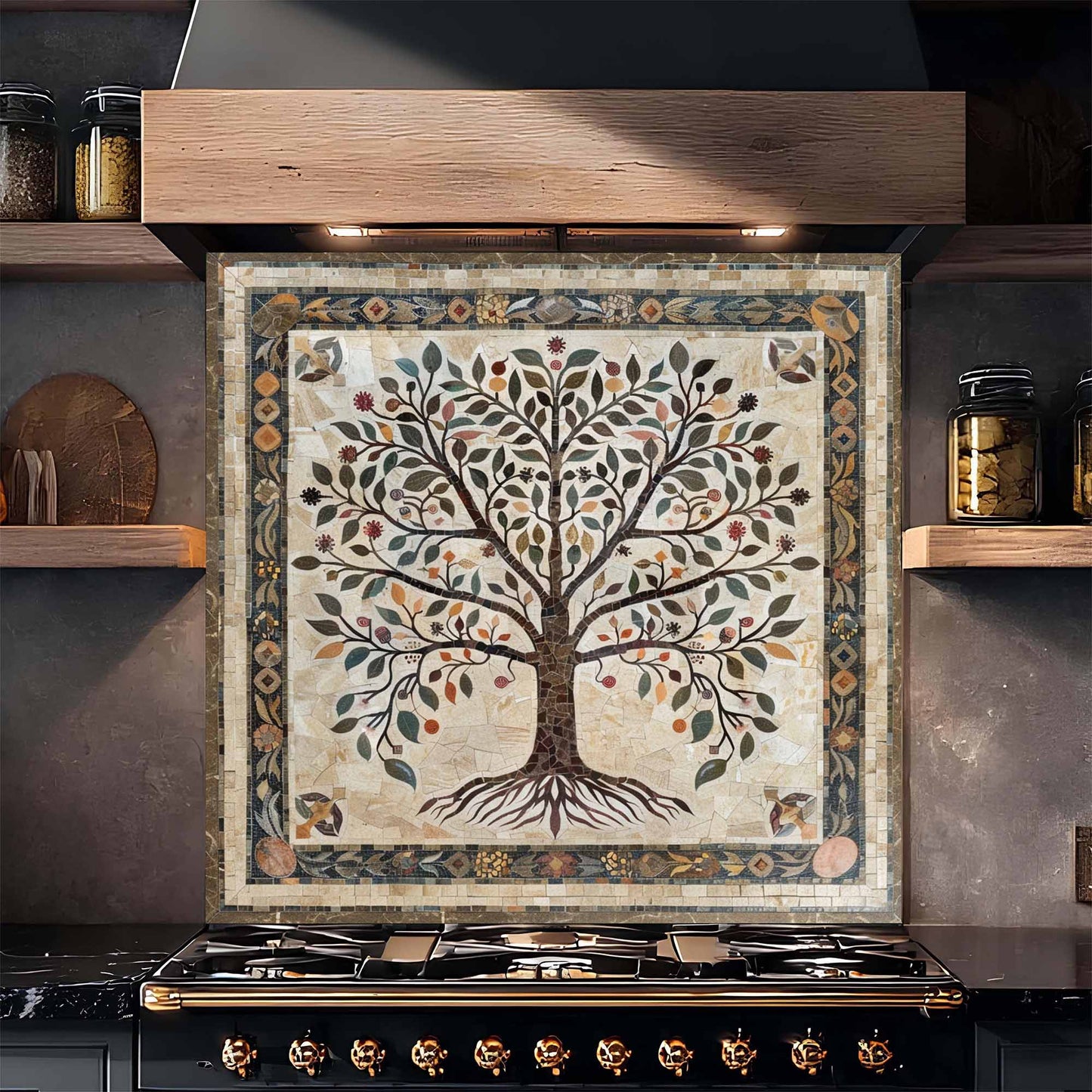 Decorative backsplash of a tree on a kitchen wall above a stove.
