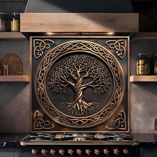 Decorative glass backsplash with tree design above a stove in a kitchen setting.