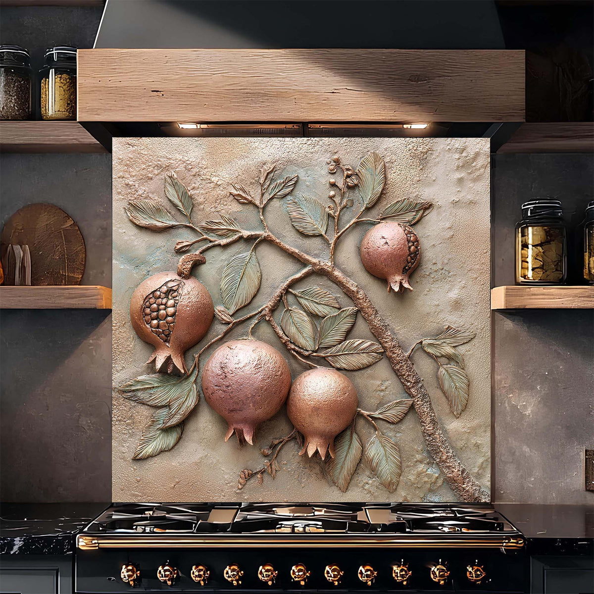Decorative backsplashwith pomegranate design above a stove