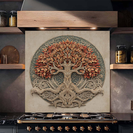 Decorative backsplash of a tree with autumn leaves above a stove in a kitchen.