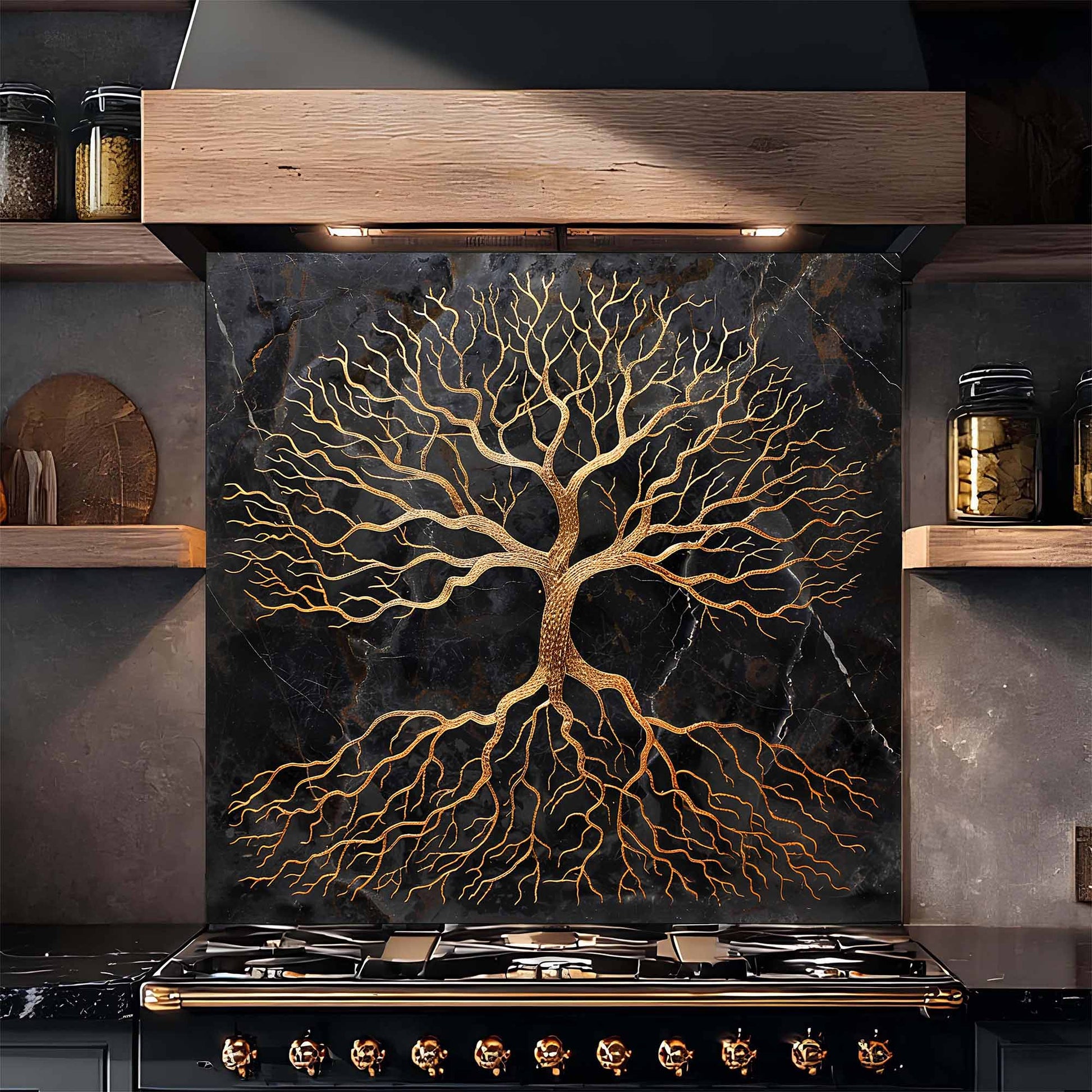 Stainless steel stove with decorative backsplash featuring a tree design in a kitchen setting.