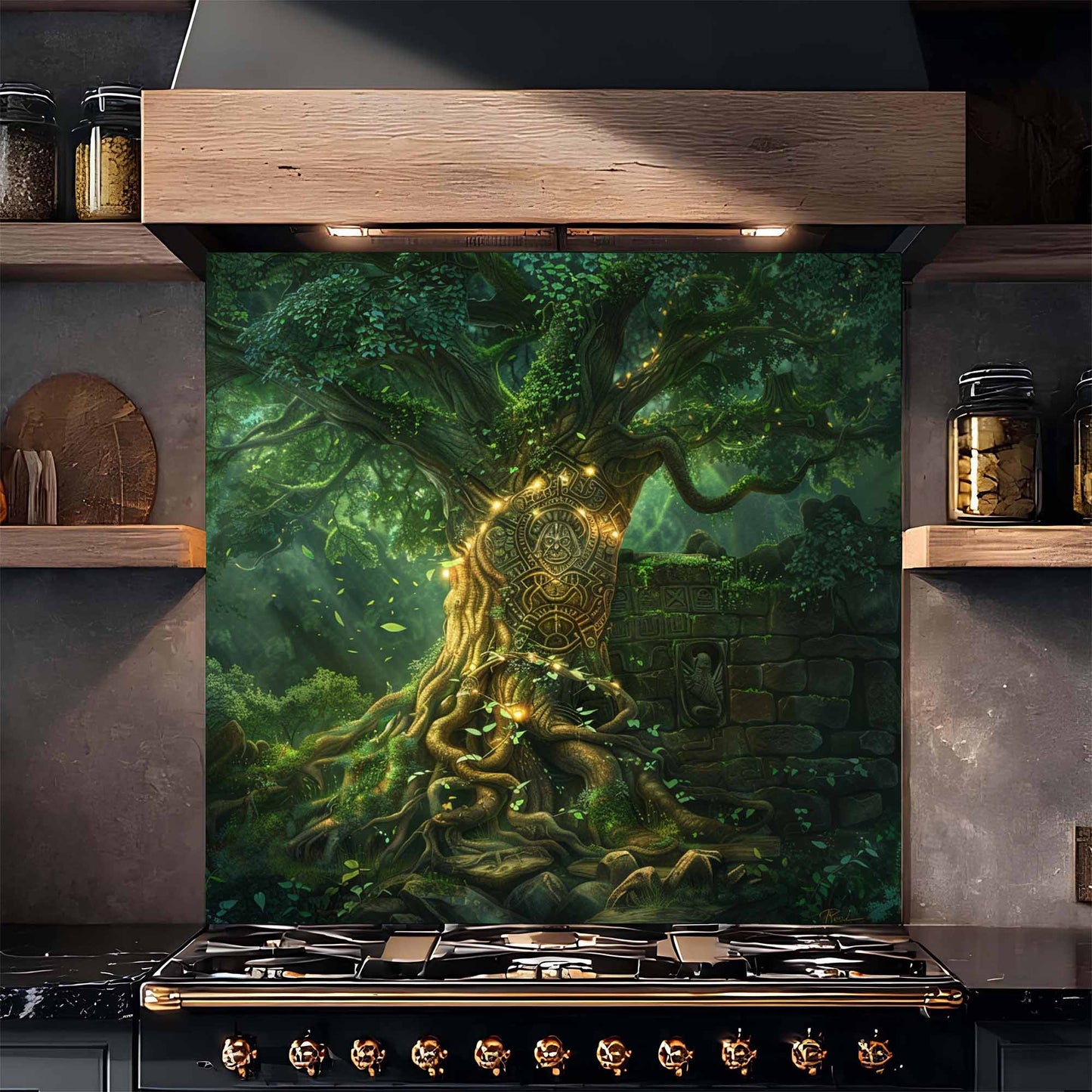 Kitchen stove with a decorative glass panel featuring a tree design.