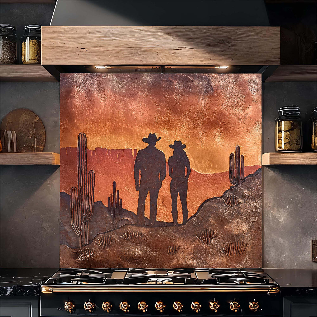 Decorative glass backsplash with cowboy design above a stove in a kitchen setting.