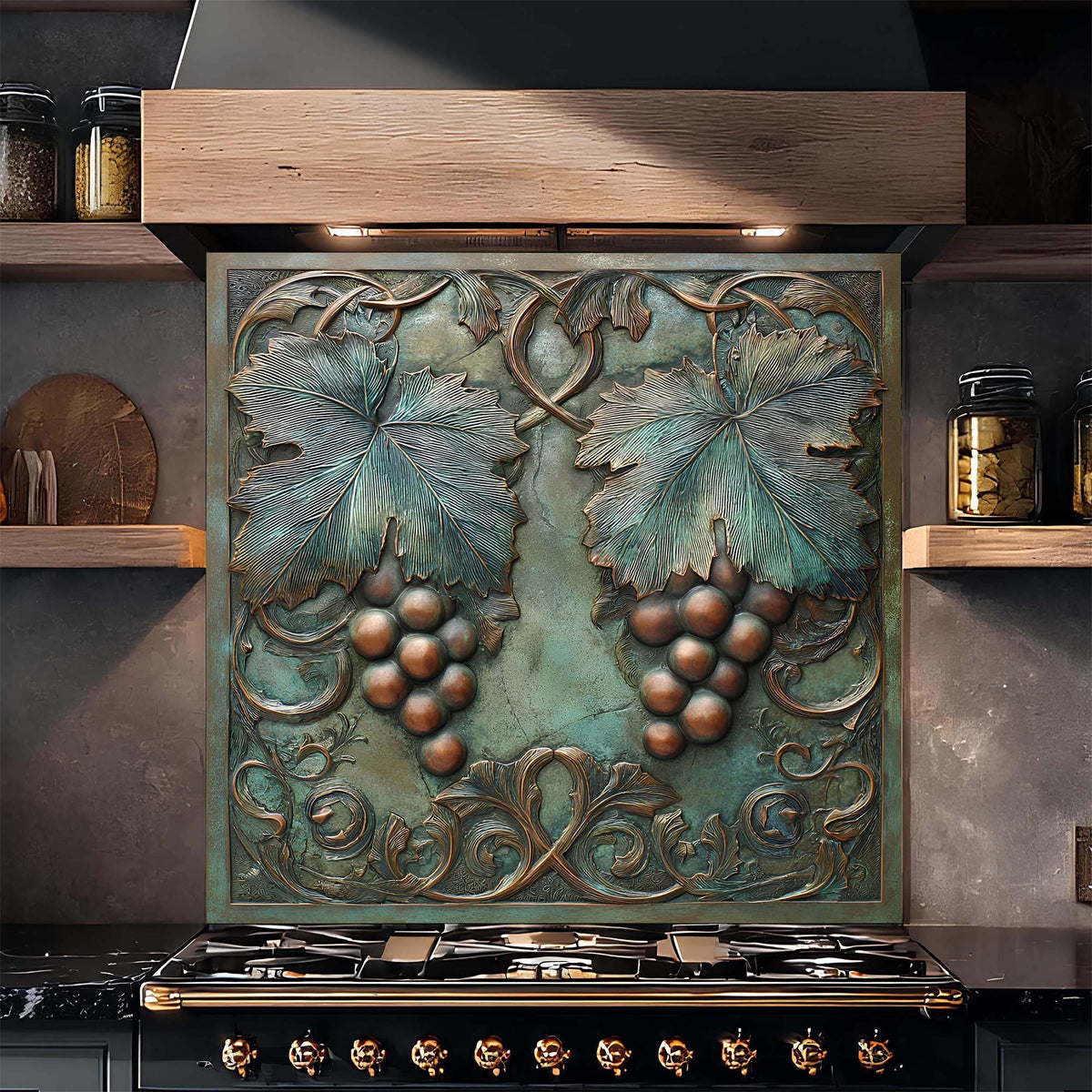 Decorative backsplash with grape design above a stove in a kitchen setting