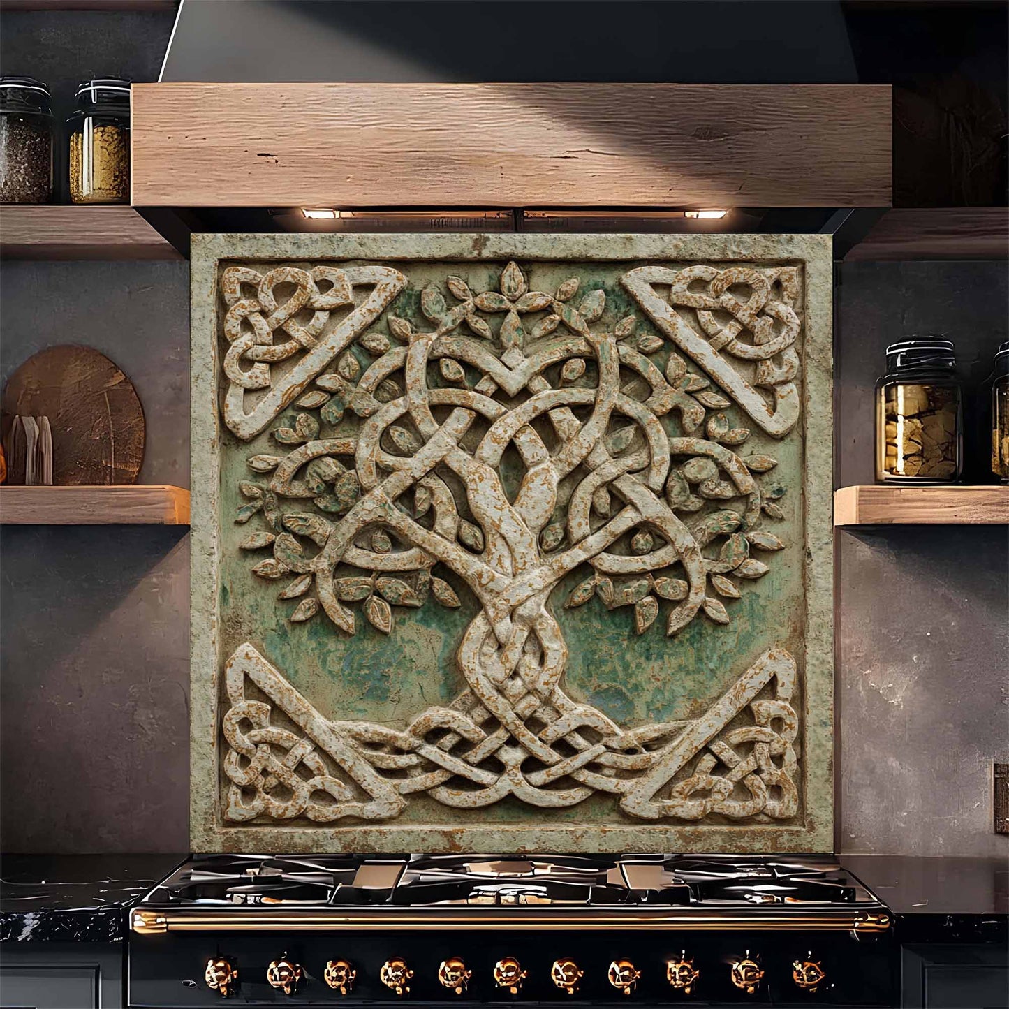 Decorative backsplash with Celtic knot design above a stove in a kitchen setting.