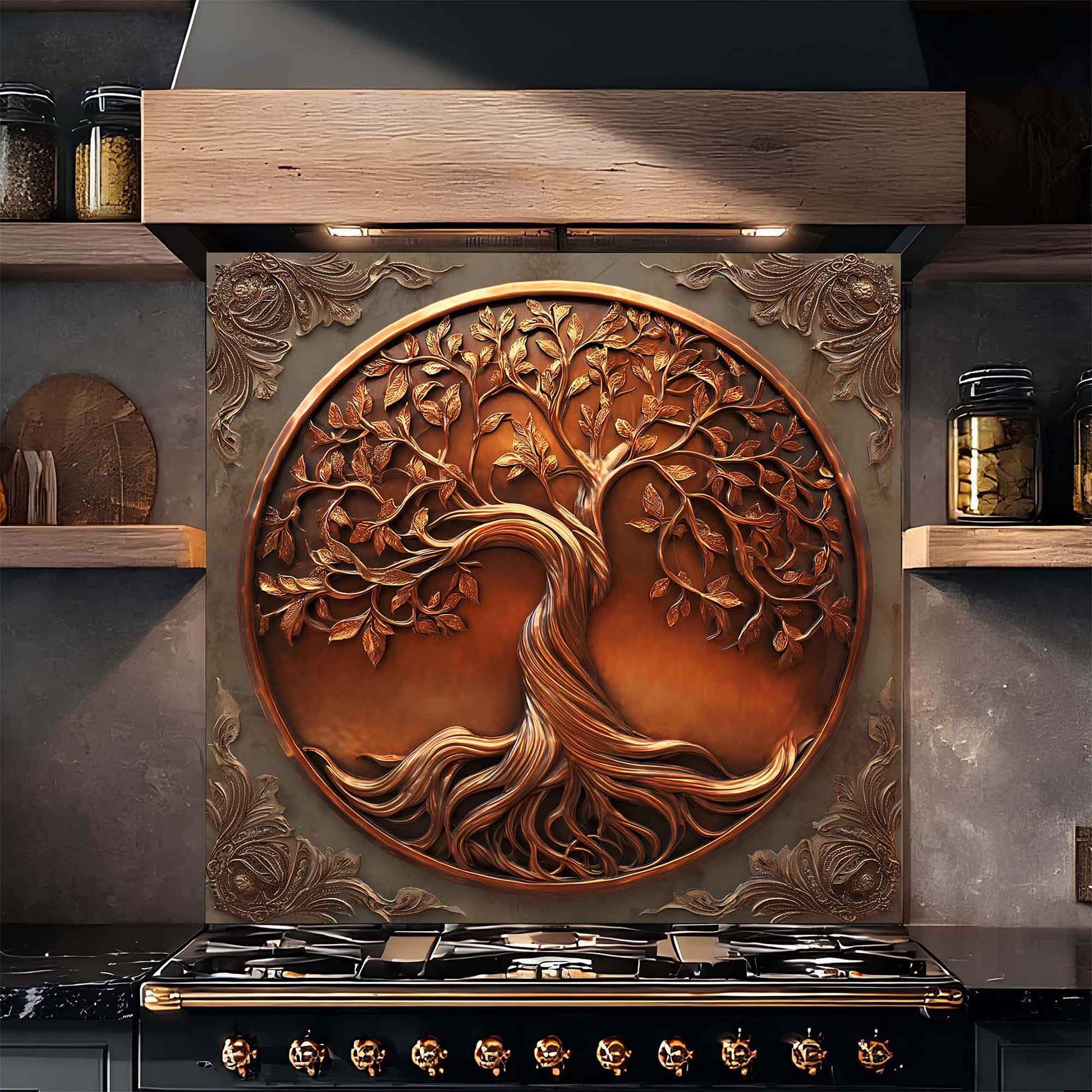 Decorative glass wall panel backsplash with tree design above a stove in a kitchen setting